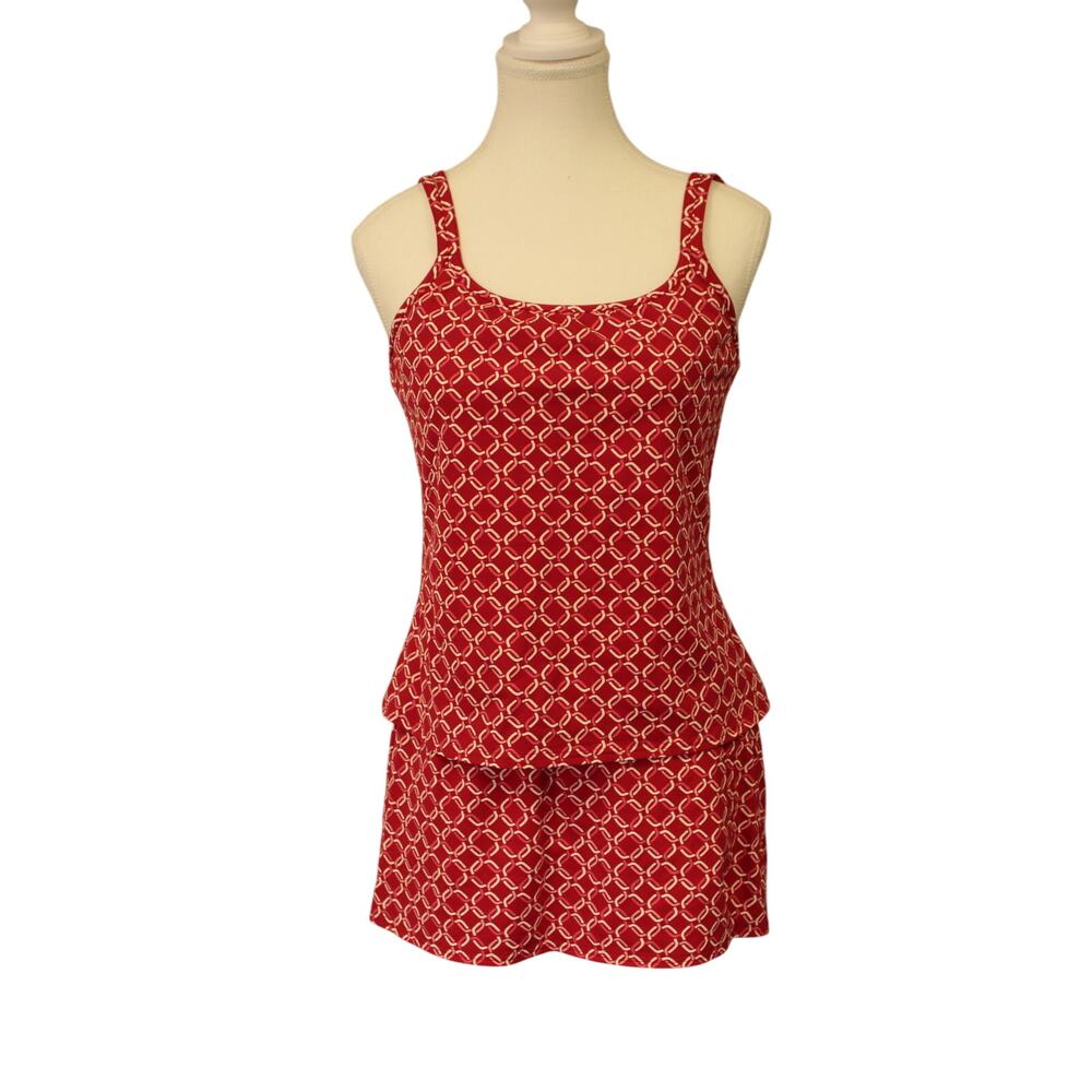 Lands End Womens Tankini and swim skirt Red Print Top Sz 12 - Bottom Sz10